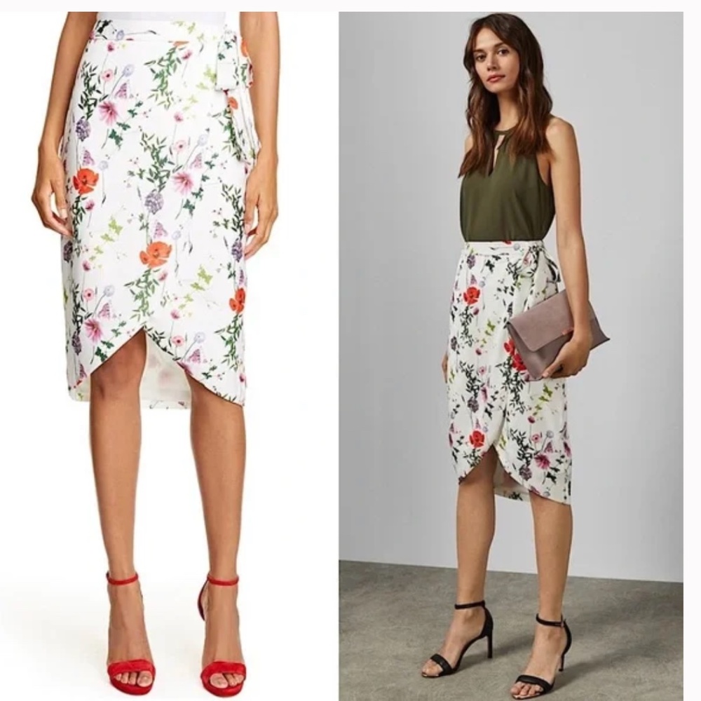 TED BAKER Cottage Garden Floral Wrap Tie Waist Tulip Hem Pencil Midi Skirt 2